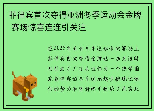 菲律宾首次夺得亚洲冬季运动会金牌 赛场惊喜连连引关注