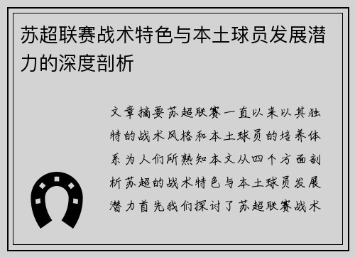 苏超联赛战术特色与本土球员发展潜力的深度剖析